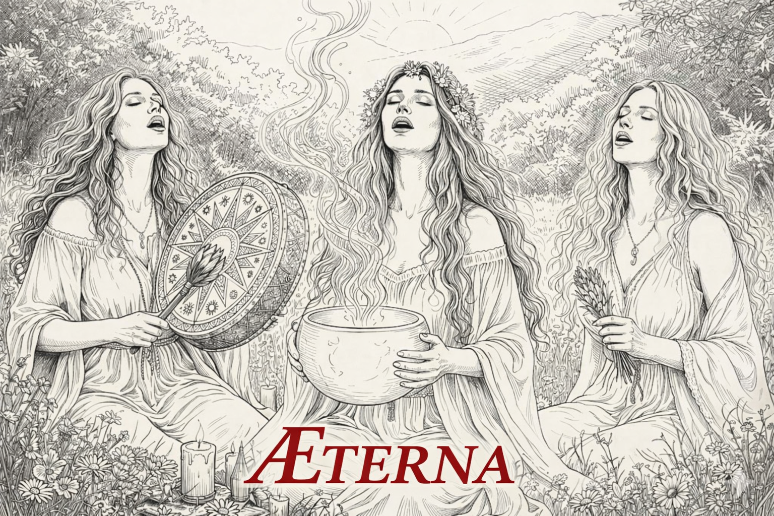 ÆTERNA — Rito di trasformazione sciamanico con tamburo, calderone e piante sacre. Tre donne in cerchio cantano tra candele e fiori. Spazio Aurum Voghera.